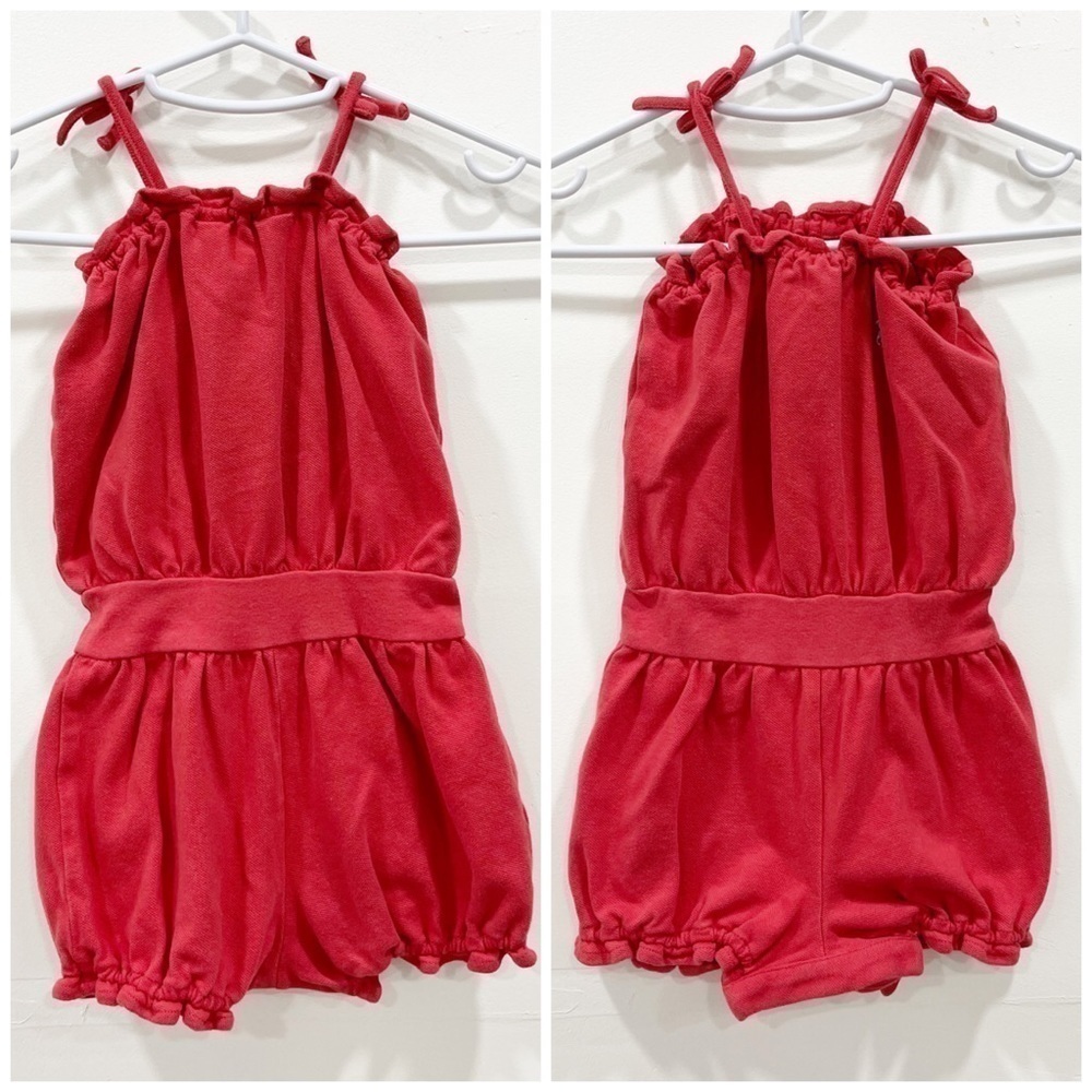 Ralph Lauren Ruffle Trim Tie-Sleeve Romper Onesie Red Cotton 12 month